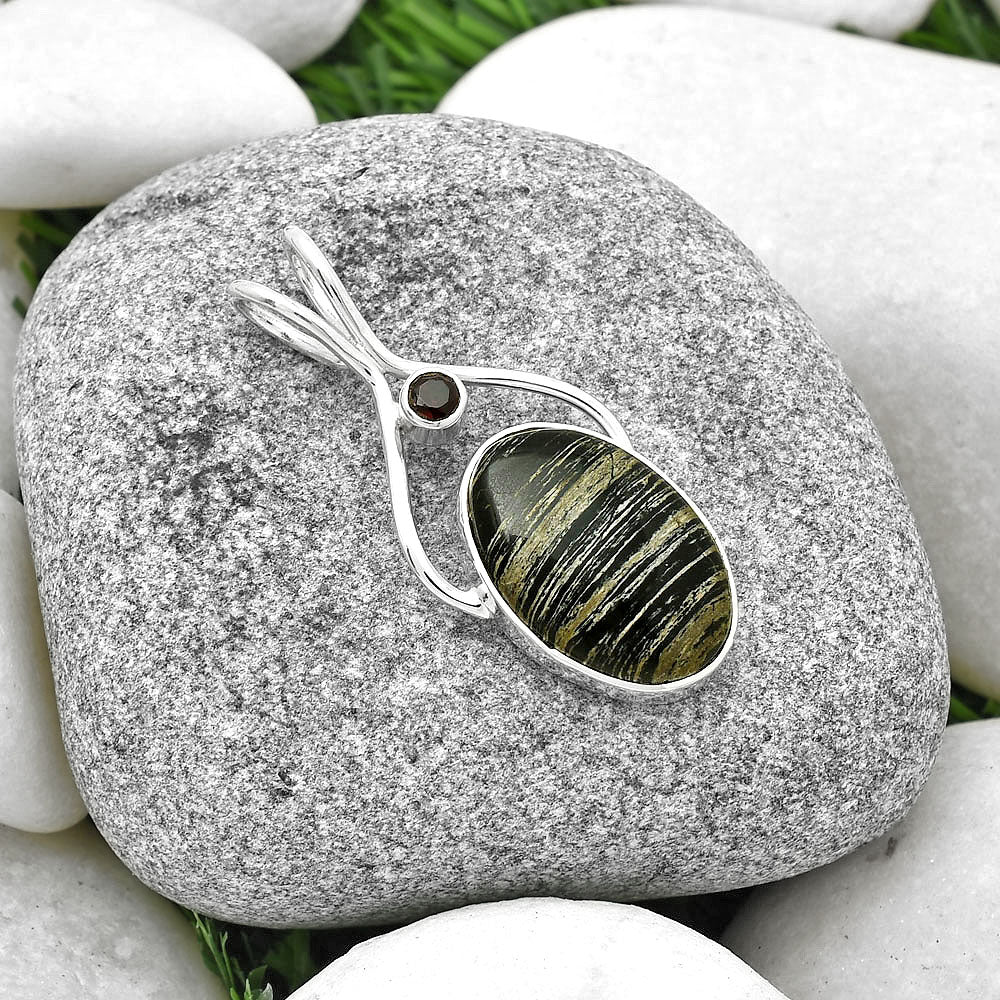 Natural Silver Leaf Obsidian & Garnet Pendant P-1038 SDP128224-1