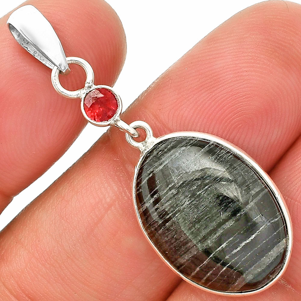 Natural Silver Leaf Obsidian & Garnet Pendant P-1098 SDP150969-0