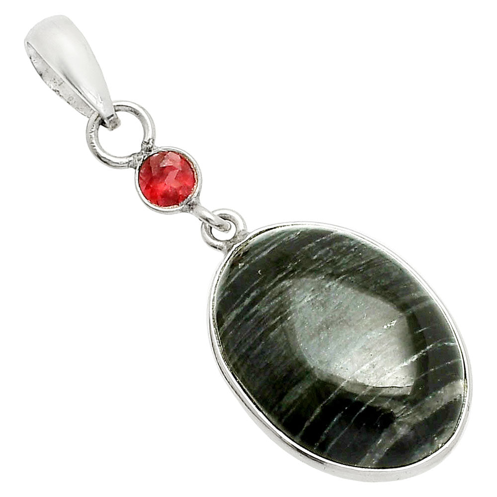 Natural Silver Leaf Obsidian & Garnet Pendant P-1098 SDP150969-1