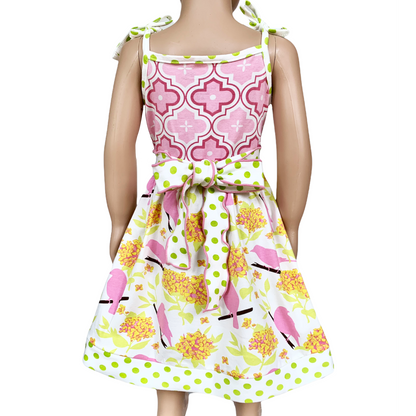 Girls Easter Dress Spring Birds and Pink Arabesque Cotton Knit Spaghetti Straps