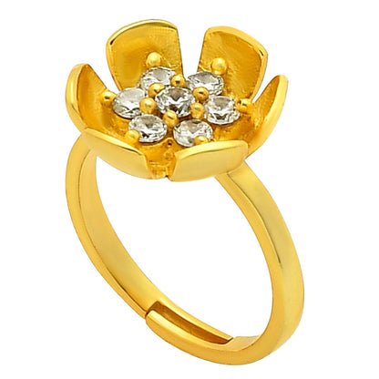 18K Gold Over Brass Adjustable Floral - White Zircon Ring s.6 Jewelry TGR1016 RM-1755