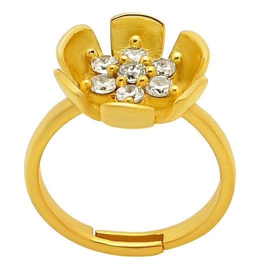 18K Gold Over Brass Adjustable Floral - White Zircon Ring s.6 Jewelry TGR1016 RM-1755