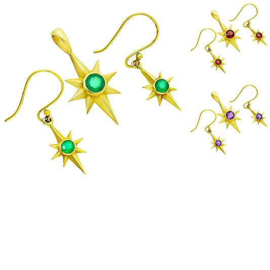 18K Gold Over Brass Natural Gemstones Round Shape Jewelry Set TGT1001 TM-1009