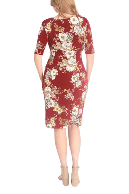 Connected Apparel Short Sleeve Knee Length Faux Wrap Dress