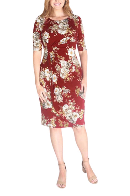 Connected Apparel Short Sleeve Knee Length Faux Wrap Dress
