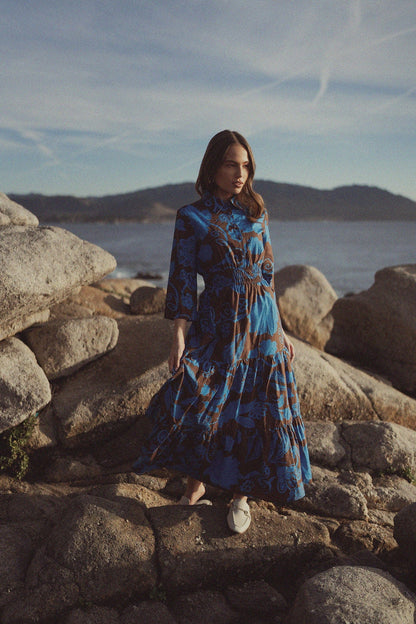 Elastic Waist Tiered Shirtdress-Brown/Blue Floral