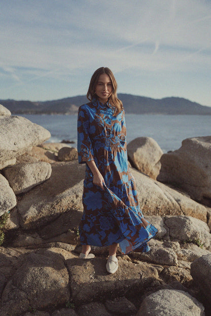 Elastic Waist Tiered Shirtdress-Brown/Blue Floral