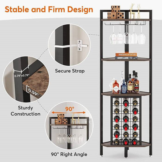 Industrial Corner Wine Rack Storage Shelving Unit with Glass Holders