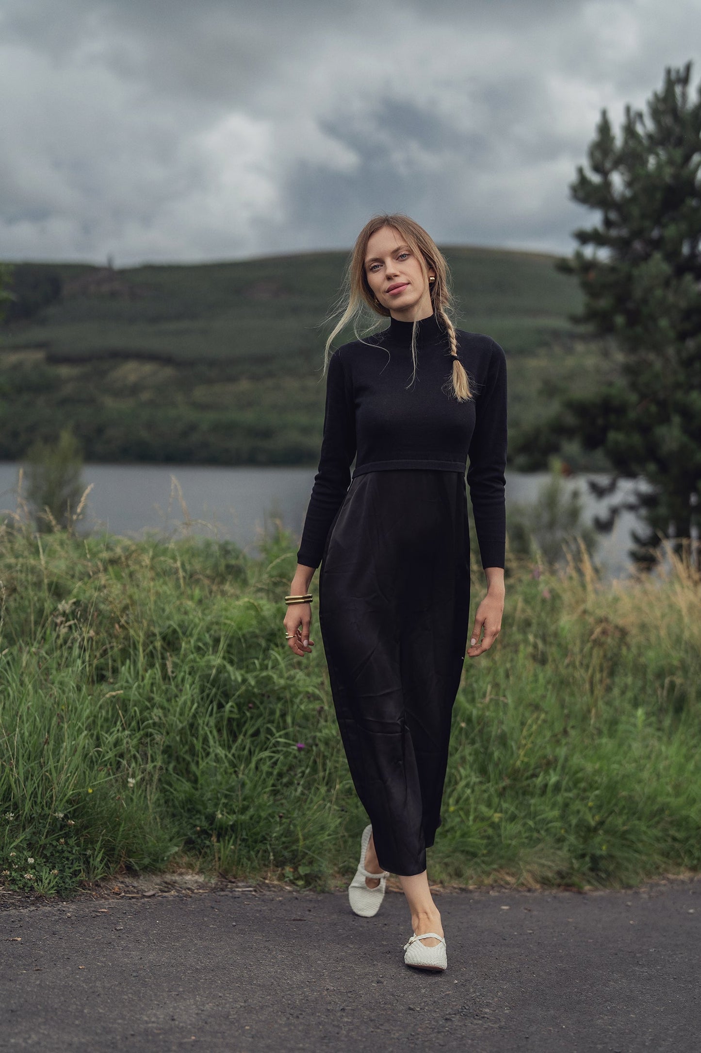 Knit Top Mock Neck Dress-Black