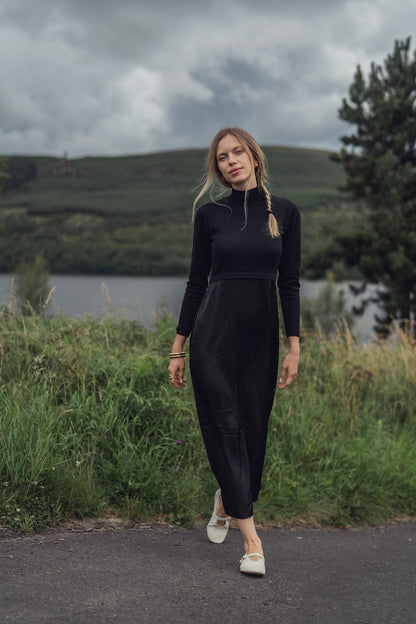 Knit Top Mock Neck Dress-Black