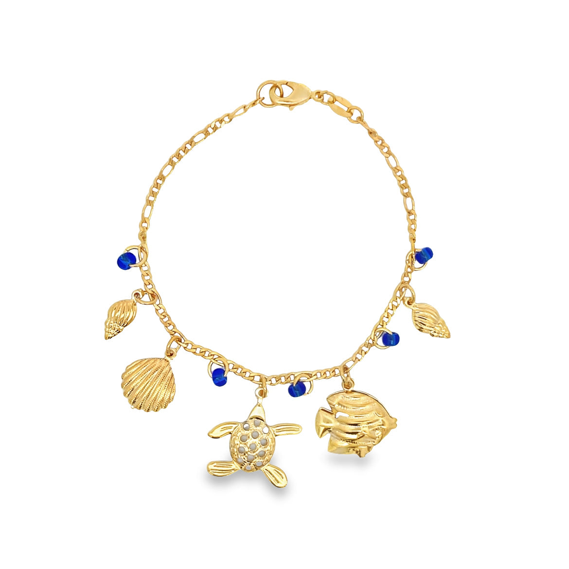 Blue Bead Bracelet With Fish, Turtle, Sea Shell Charms For Wholesale Jewelry And Findings 18K Gold Filled (I165)