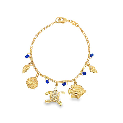Blue Bead Bracelet With Fish, Turtle, Sea Shell Charms For Wholesale Jewelry And Findings 18K Gold Filled (I165)