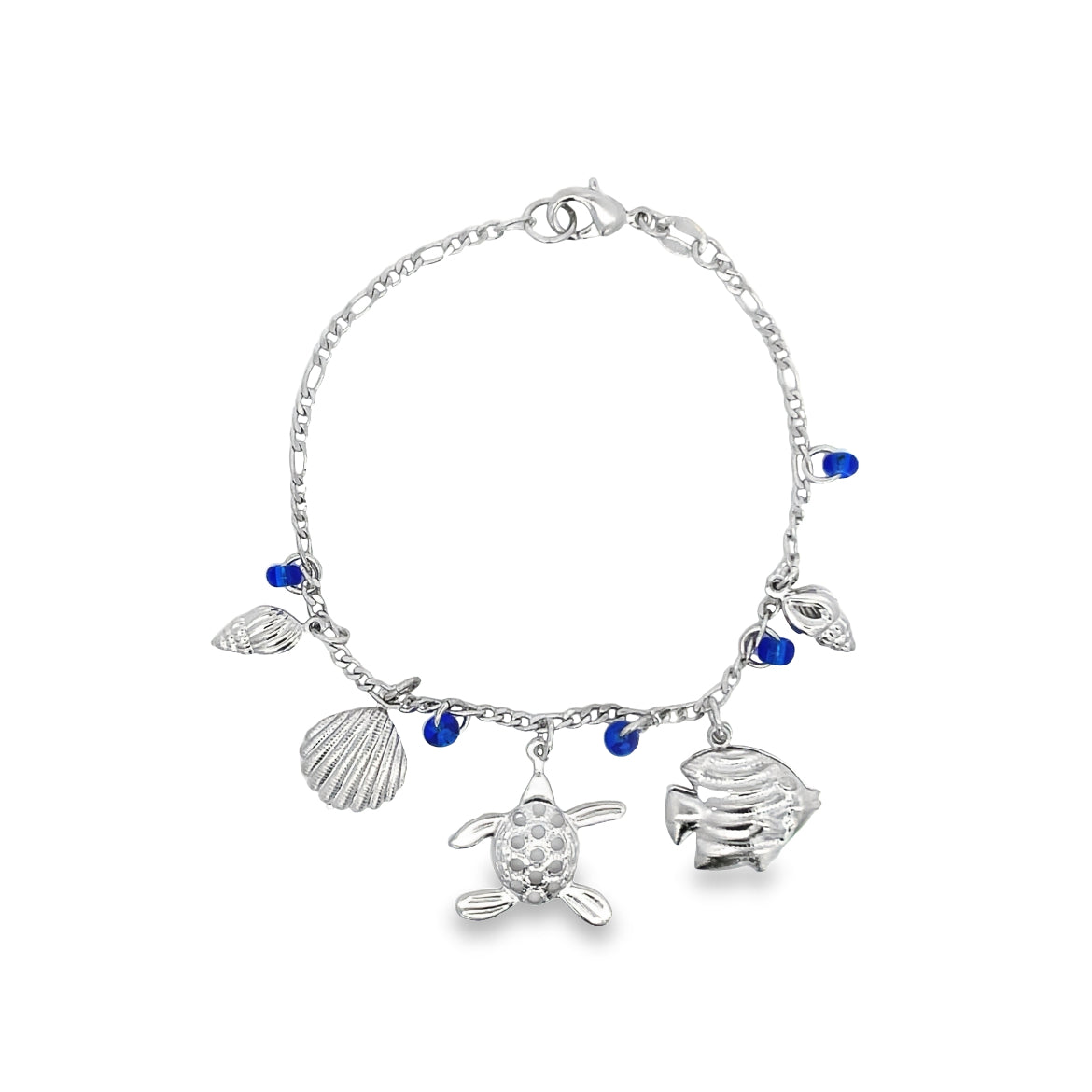 Blue Bead Bracelet With Fish, Turtle, Sea Shell Charms For Wholesale Jewelry And Findings 18K Gold Filled (I165)