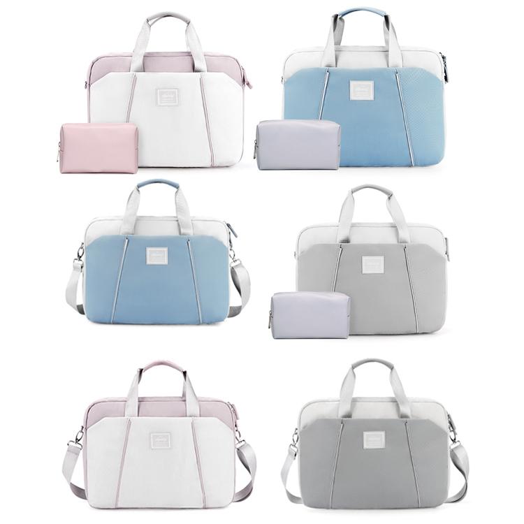 NNEDSZ Computer Handheld Messenger Bag For Apple Macbook / Huawei / Xiaomi / Basne - Ladder Tape Light Blue + Gray Pu Power Package