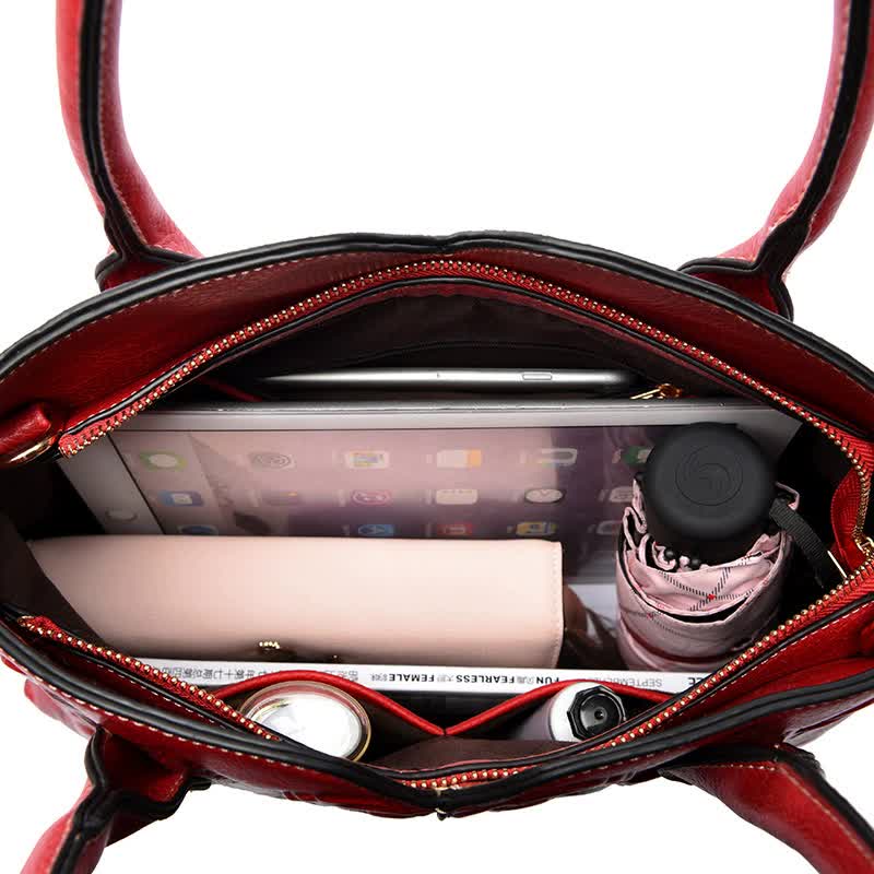 NNEDSZ Red  Elegant Embossed Rose Leather Handbag - Vintage Style Tote Bag