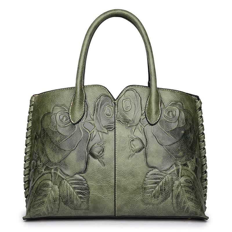 NNEDSZ Green Elegant Embossed Rose Leather Handbag - Vintage Style Tote Bag