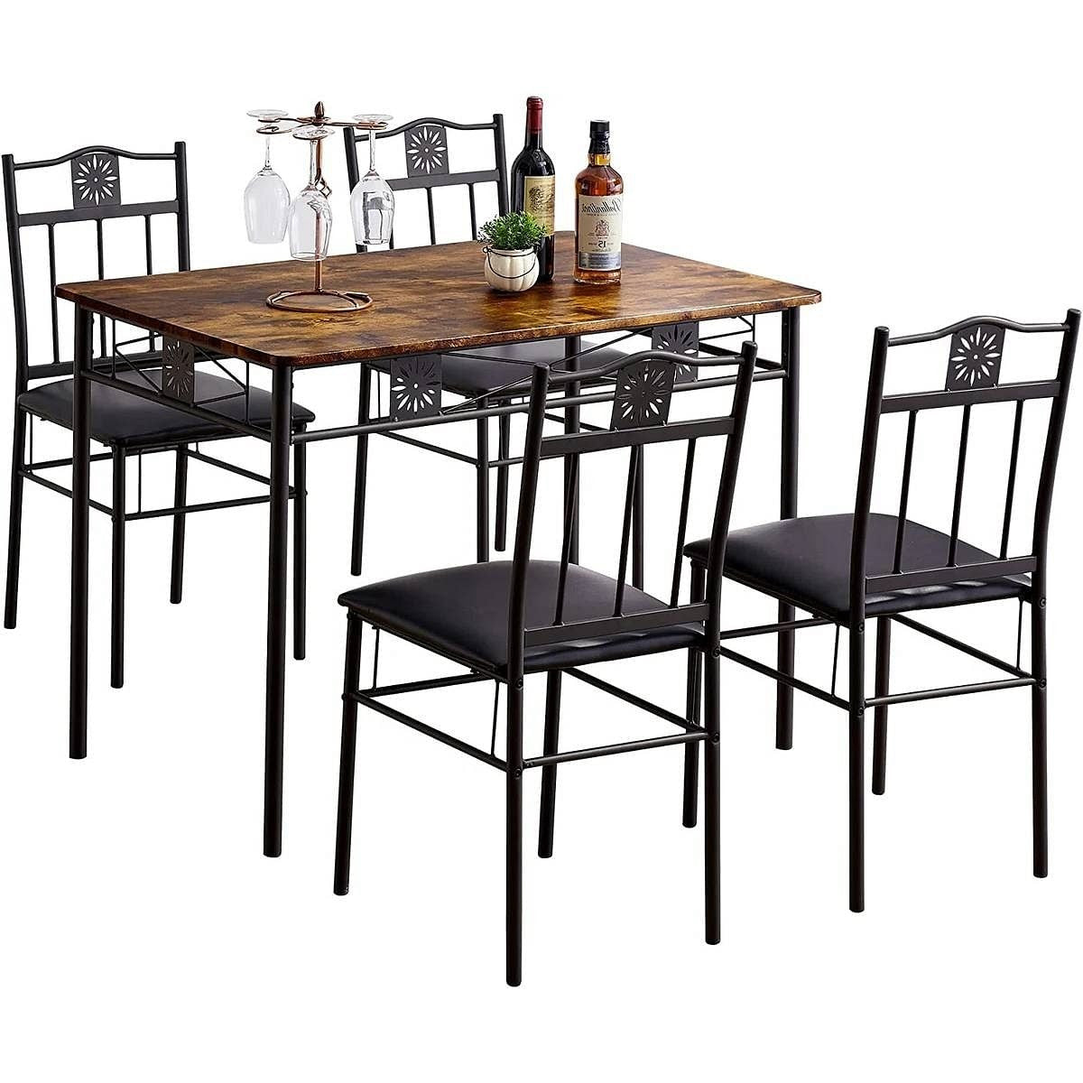 Farmhouse 5-Piece Dining Set with Wood-Top Table and 4 Cushioned Chairs