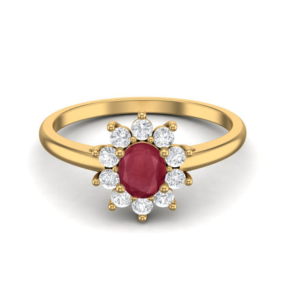 Ruby 0.50 Ct Oval Floral Halo Ring – 14K Yellow Gold