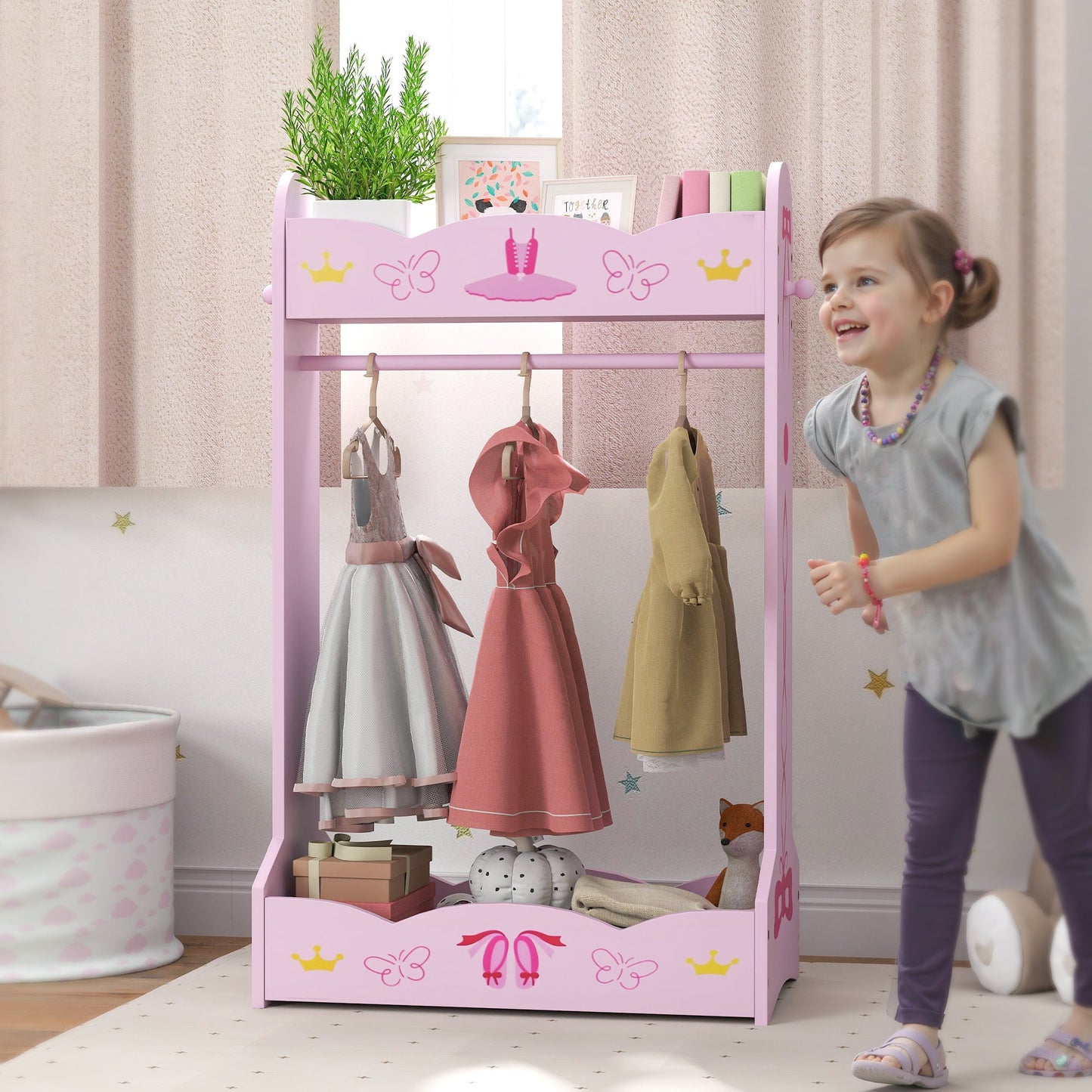 Kids Clothes Rail with 2 Storage Shelves MDF Pink for 3-8 Years