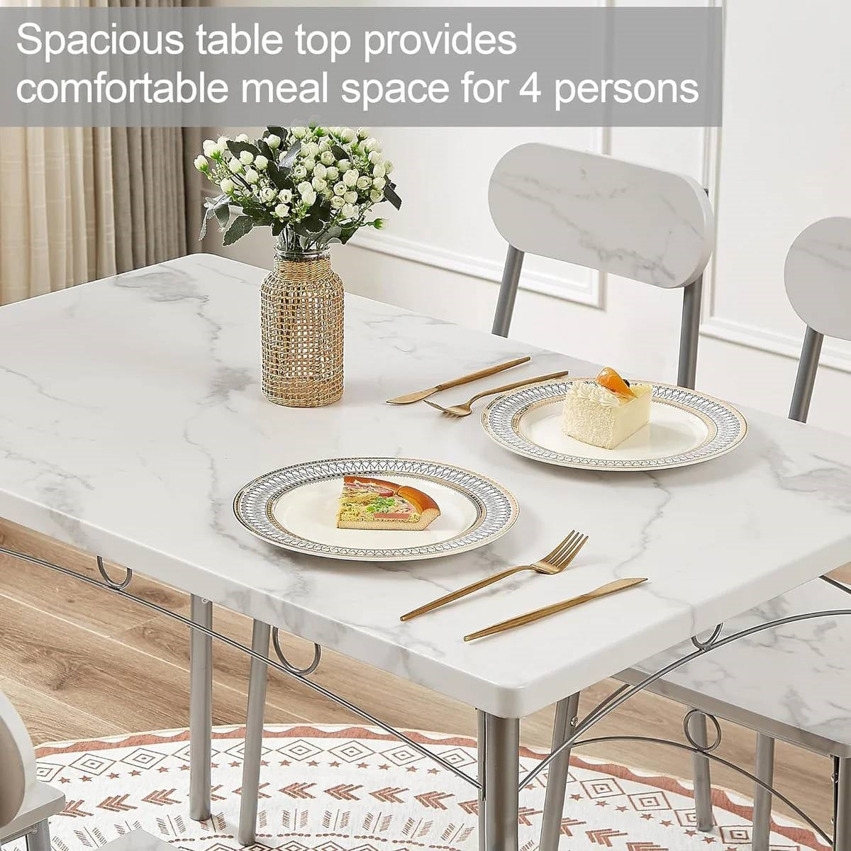 Modern 5-Piece Dining Set with White Faux Marble Top Table and 4 Chairs