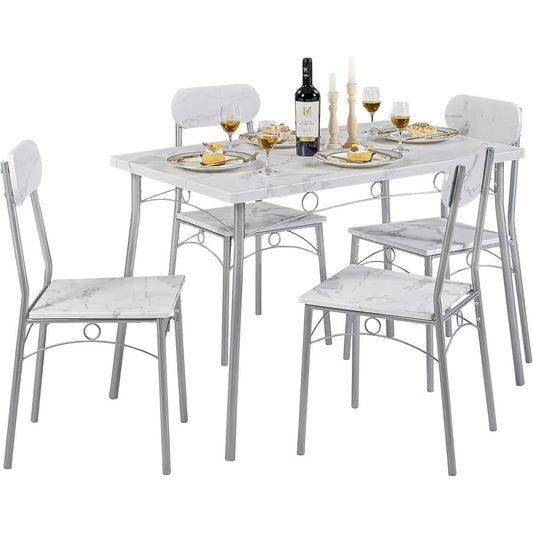 Modern 5-Piece Dining Set with White Faux Marble Top Table and 4 Chairs
