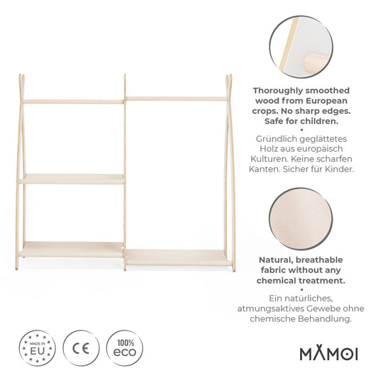 MAMOI® Children clothes rail Beige 95x106x32cm | Dressing up rail for kids made of Yarnwood | Baby wardrobe clothes storage modern design | Baby accessories | 100% ECO | MADE in EU