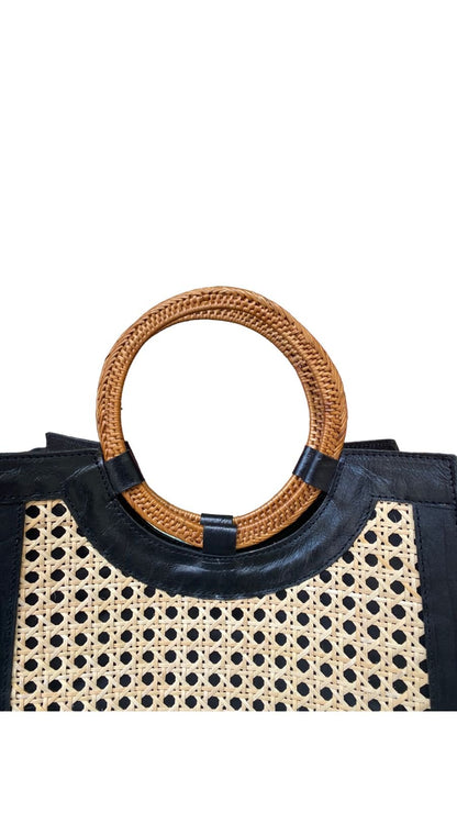 Lya Black Bali Handmade Leather Rattan Webbing HandBag