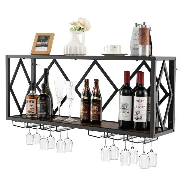 Industrial Rustic Brown Wood Metal Wall Mounted Wine Rack Shelf
