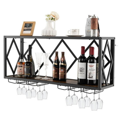 Industrial Rustic Brown Wood Metal Wall Mounted Wine Rack Shelf