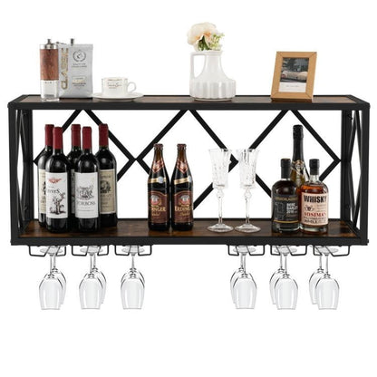 Industrial Rustic Brown Wood Metal Wall Mounted Wine Rack Shelf