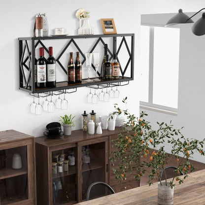 Industrial Rustic Brown Wood Metal Wall Mounted Wine Rack Shelf