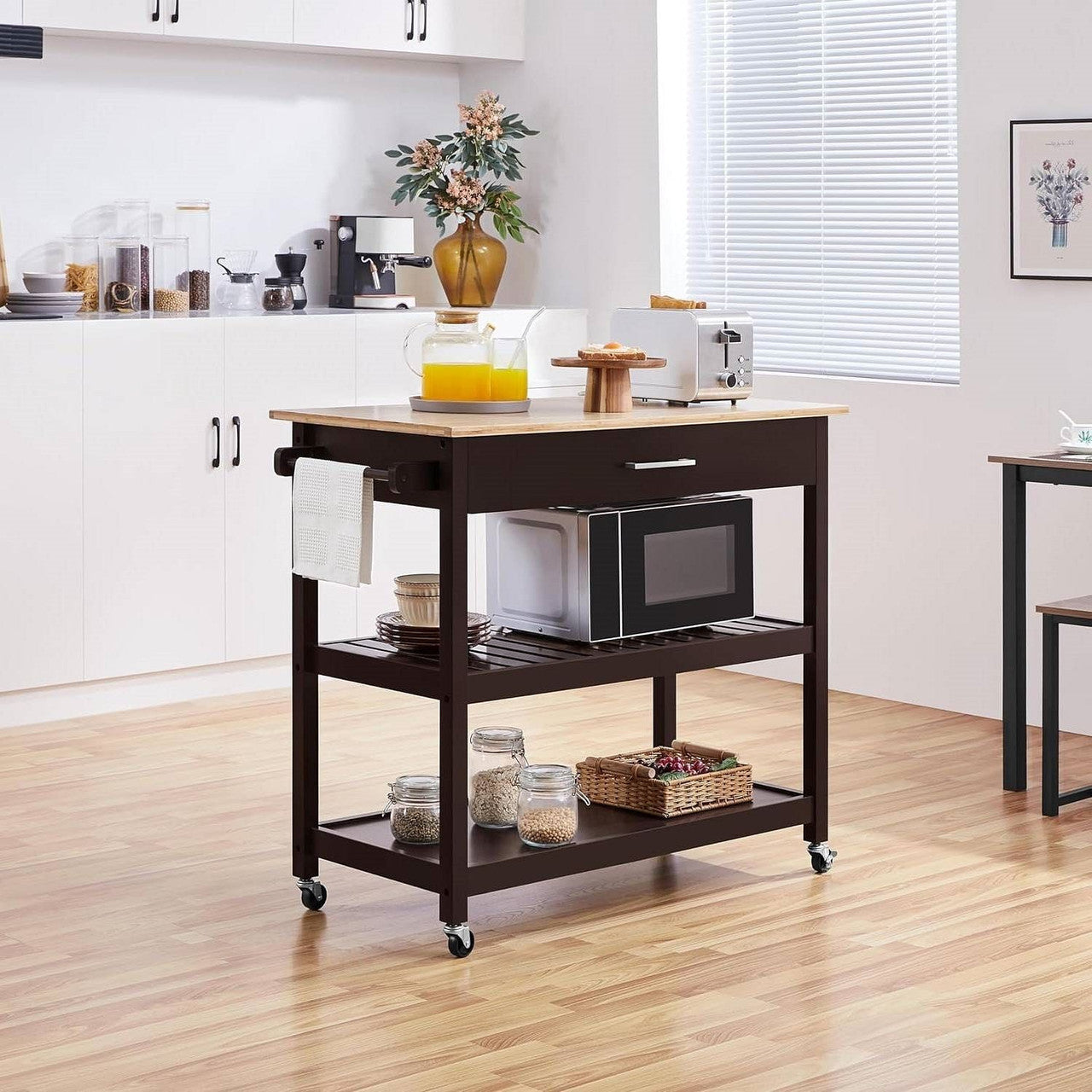 Black Kitchen Island Cart with Wood Top 2-Shelves Drawer and Locking Wheels