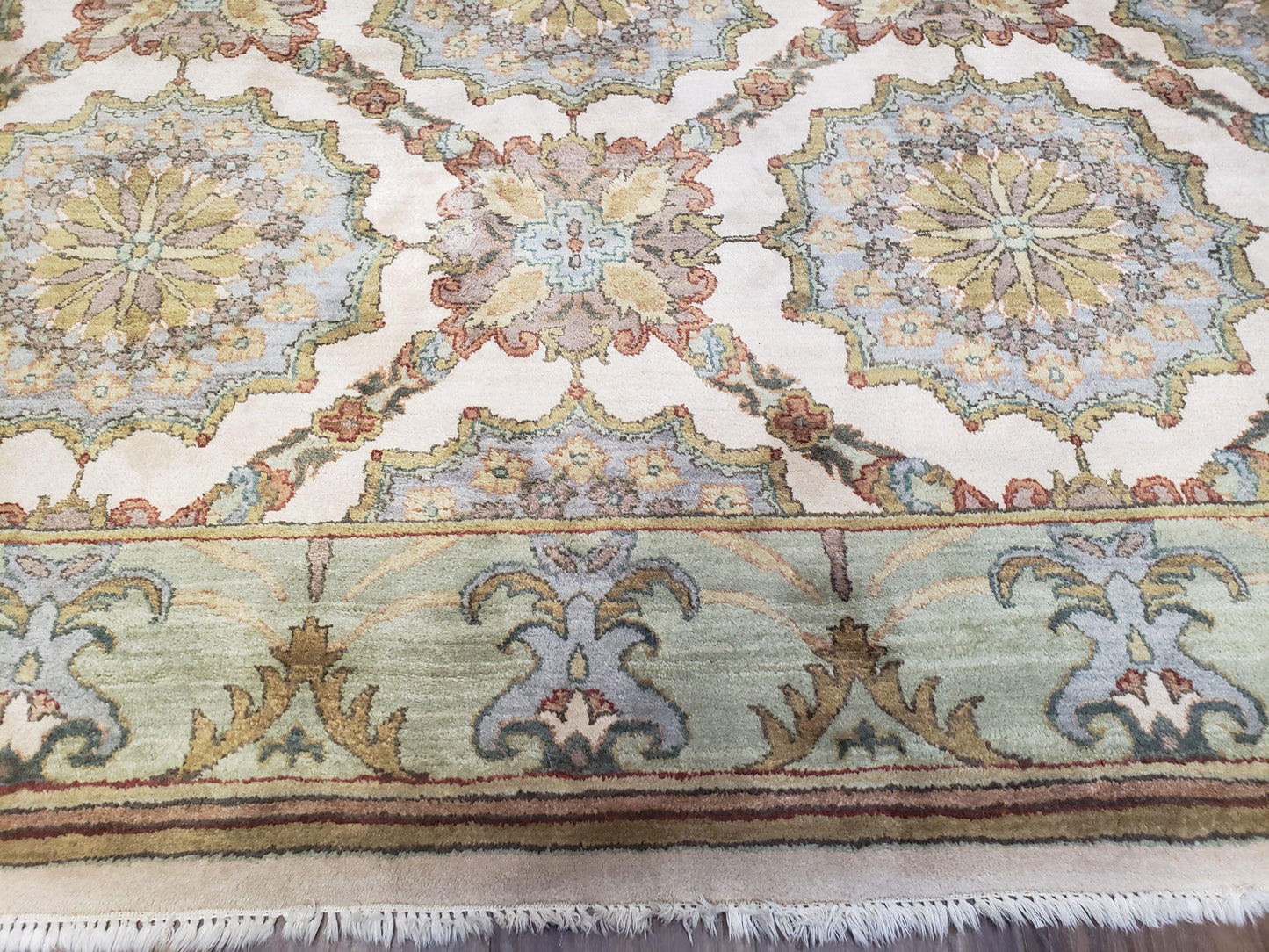 Indo Sultanabad Area Rug 8 x 9.5, Wool Hand-Knotted Ivory Green Teal Decorative Rug, Floral Panel Carpet, Indian Rug, 8 x 10 Bedroom Rug-4