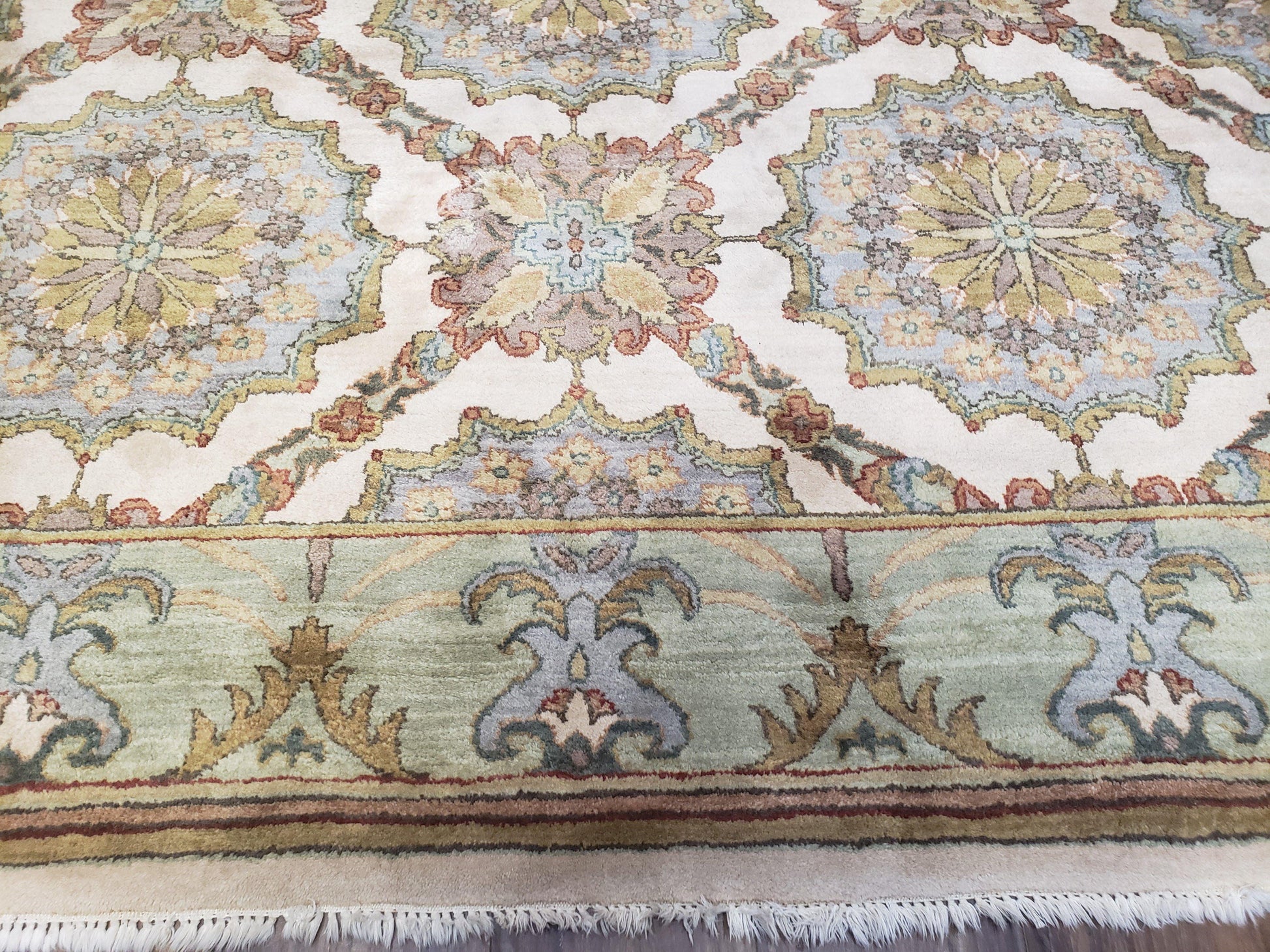 Indo Sultanabad Area Rug 8 x 9.5, Wool Hand-Knotted Ivory Green Teal Decorative Rug, Floral Panel Carpet, Indian Rug, 8 x 10 Bedroom Rug-4