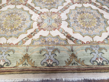 Indo Sultanabad Area Rug 8 x 9.5, Wool Hand-Knotted Ivory Green Teal Decorative Rug, Floral Panel Carpet, Indian Rug, 8 x 10 Bedroom Rug-4