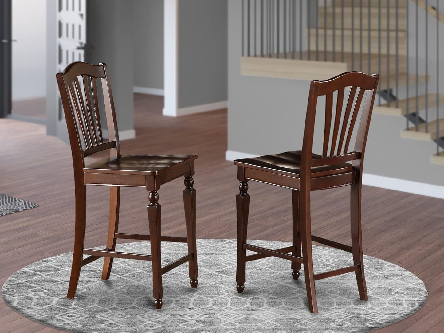 CHS-MAH-W Chelsea Counter Height Barstools - Slat Back Wooden Seat Chairs, Set of 2, Mahogany