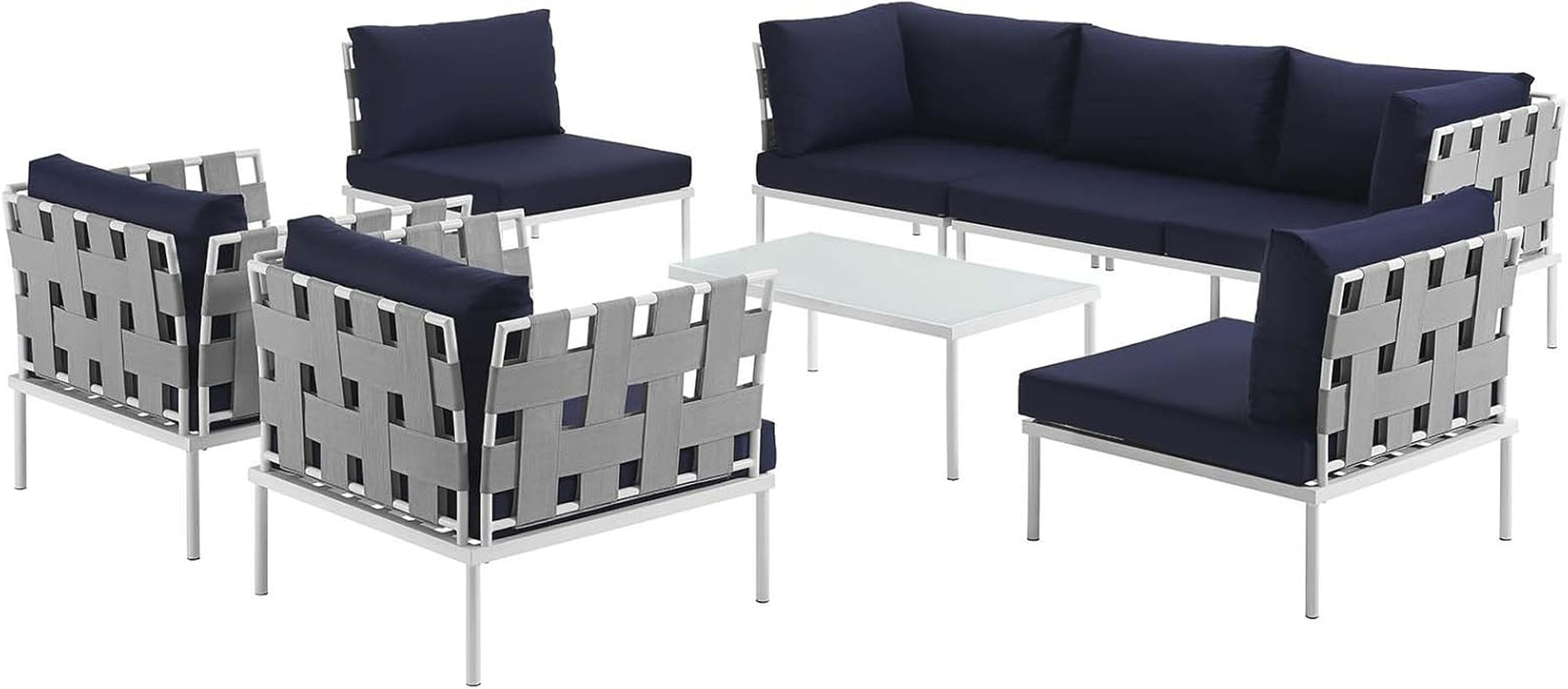 Harmony 8-Piece Aluminum Outdoor Patio Furniture Sectional Sofa Set with Cushions in White Navy-1