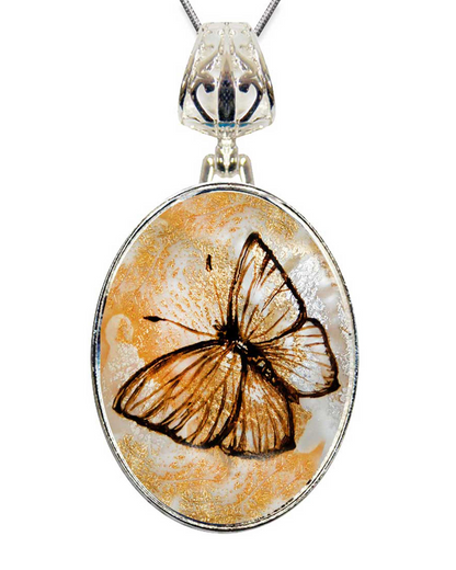 Butterfly Silver Plated Mother of Pearl Jewelry Pendant Necklace - 44037O