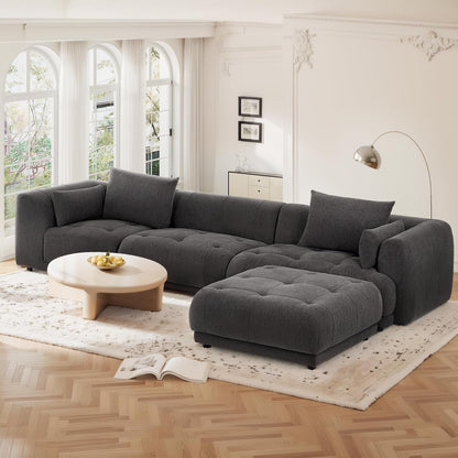 144" Cloud Sectional Couch with Ottoman,Modular Sectional Sofa with 3 Large Seat and 1 Ottoman for Living Room, Chenille, Gray
