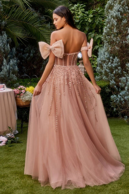 Strapless Beaded Gown With Bow Sleeve Accessories-2
