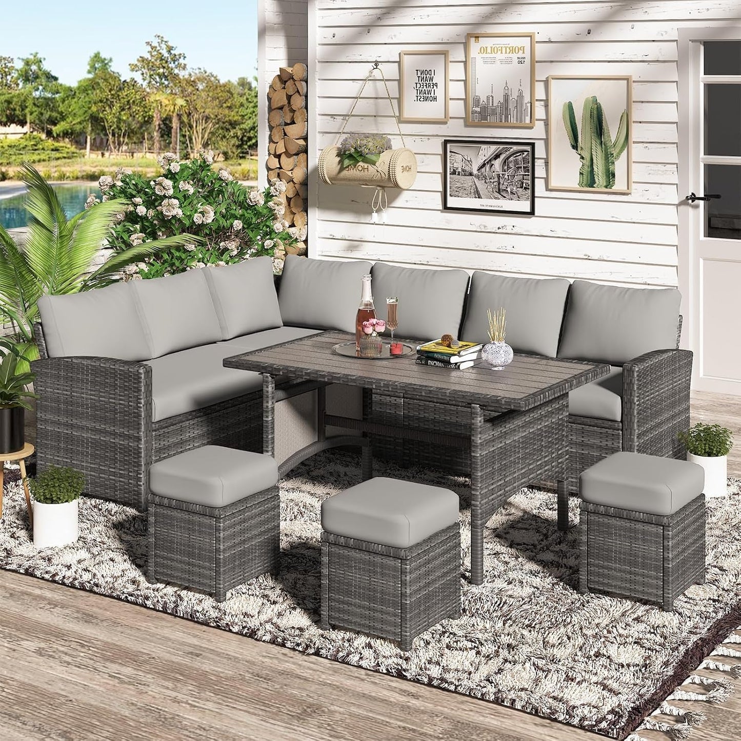 7 Pieces Patio Furniture Set, Outdoor Sectional Sofa Conversation Set, All Weather Wicker Rattan Dining Table & Chair with Ottoman, Grey Rattan&Grey Cushion