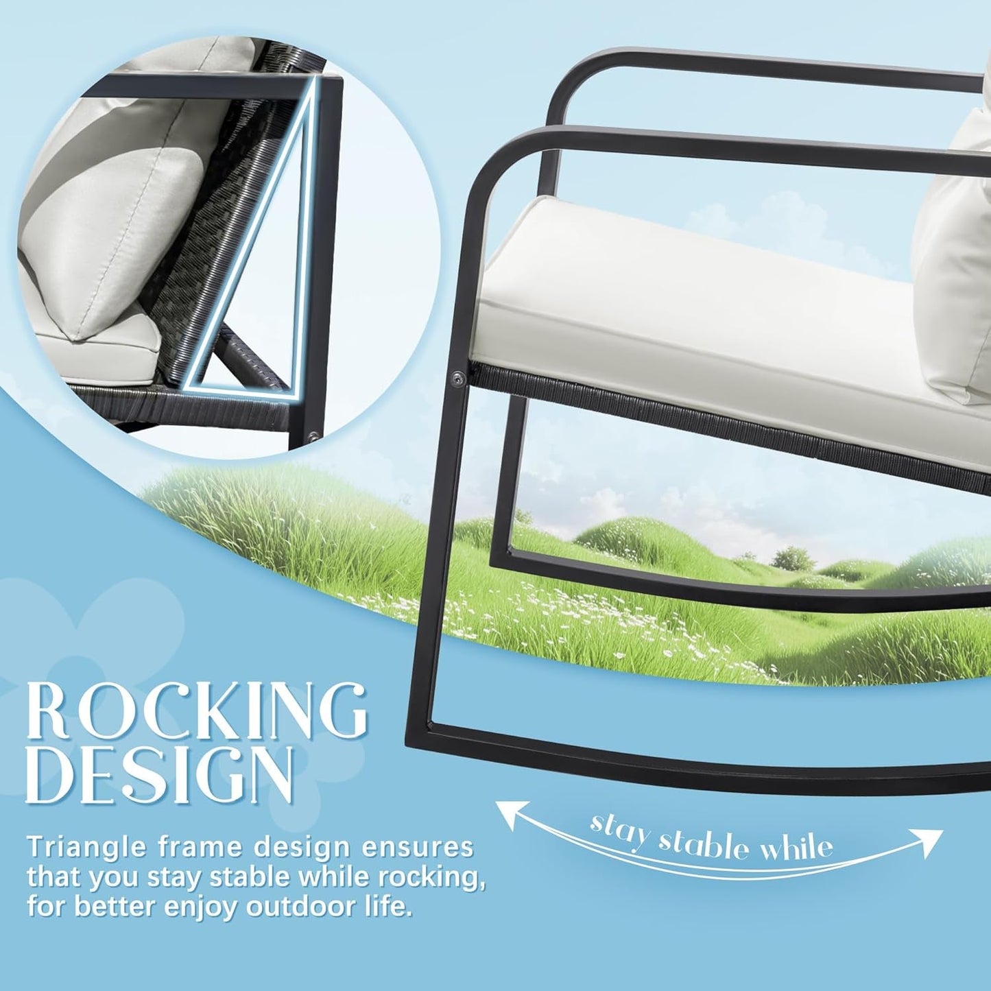 Patio Chairs 3 Piece Wicker Rocking Chair Outdoor Bistro Sets with Coffee Table and Cushions Metal Frame Patio Furniture for Porch, Balcony, Lawn (White)