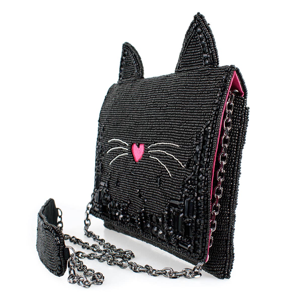 Kitty Couture Black and Pink Beaded Cat Crossbody Handbag
