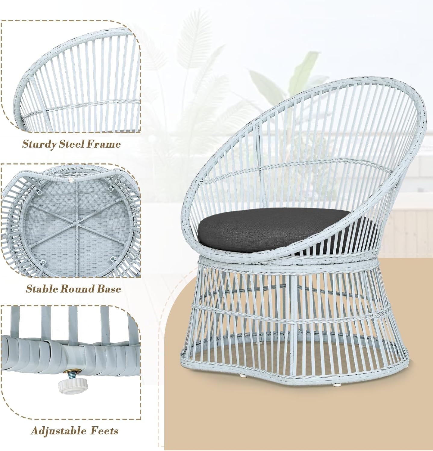 Outdoor Patio Furniture Set Wicker Bistro Set, 3 Piece Conversation Set All-Weather PE Rattan Chairs with Seat Cushions & Glass Table for Porch, Backyard, Black