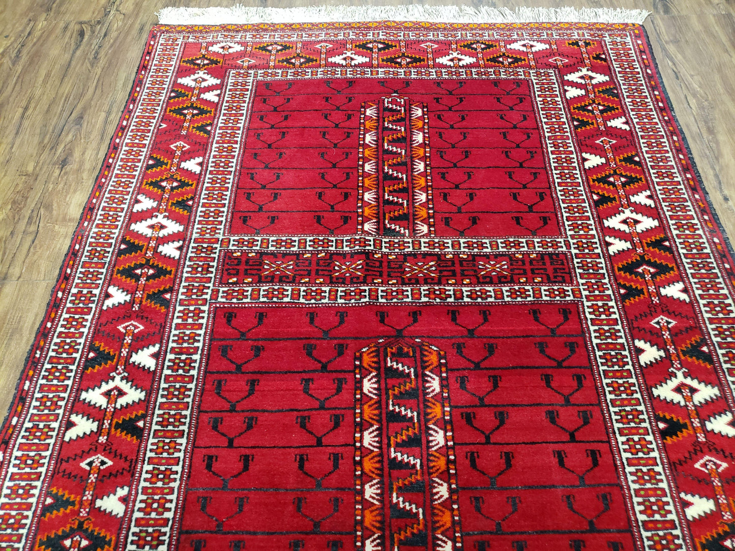 Antique Persian Turkoman Rug 4x5, Hatchli Tekkeh Ersari Red Tribal Rug, Handmade Wool Oriental Carpet, Four Seasons Rug-3