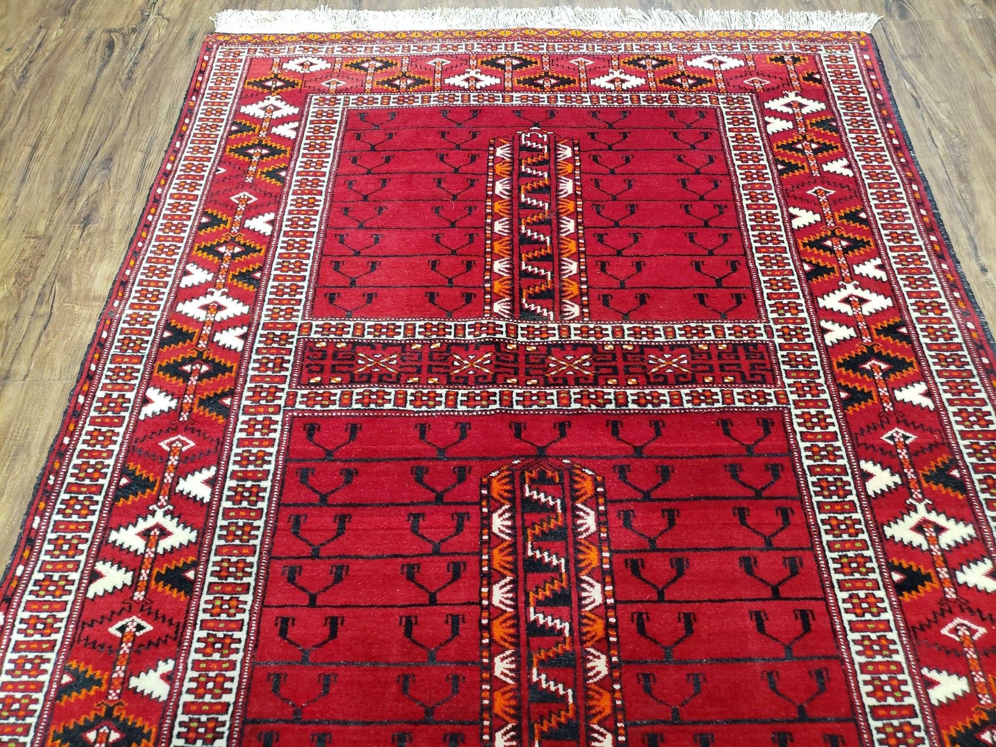 Antique Persian Turkoman Rug 4x5, Hatchli Tekkeh Ersari Red Tribal Rug, Handmade Wool Oriental Carpet, Four Seasons Rug-3
