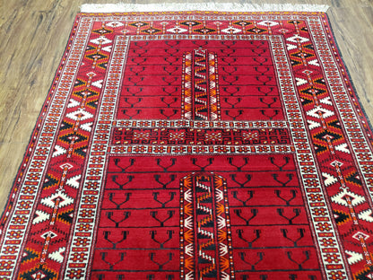 Antique Persian Turkoman Rug 4x5, Hatchli Tekkeh Ersari Red Tribal Rug, Handmade Wool Oriental Carpet, Four Seasons Rug-3