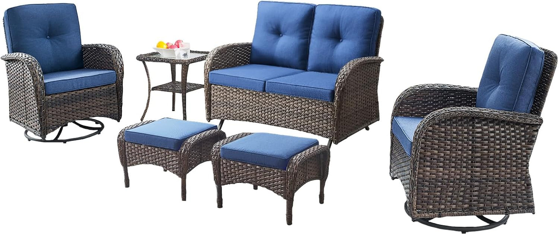 6 Piece Patio Conversation Sets - Wicker Patio Furniture Sets with Outdoor Swivel Rocker Chairs, Glider Loveseat Perfect for Patio Deck Backyard, Brown Wicker Blue Cushion-0
