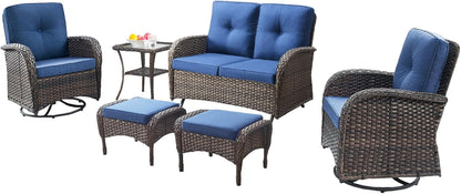 6 Piece Patio Conversation Sets - Wicker Patio Furniture Sets with Outdoor Swivel Rocker Chairs, Glider Loveseat Perfect for Patio Deck Backyard, Brown Wicker Blue Cushion-0