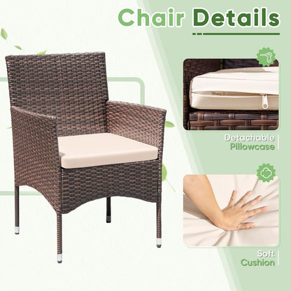 3 Pieces Patio Dining PE Rattan Wicker Chair Furniture Set with Cushion and Glass Coffee Table for Outdoor Garden Backyard Poolside, Brown and Beige-4
